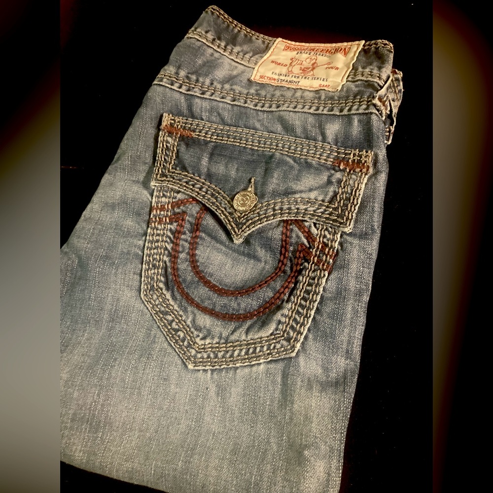 SOLD!Men’s distressed straight Mega T size 32x34 Flawless Cond! In“MED CAMSHAFT”
